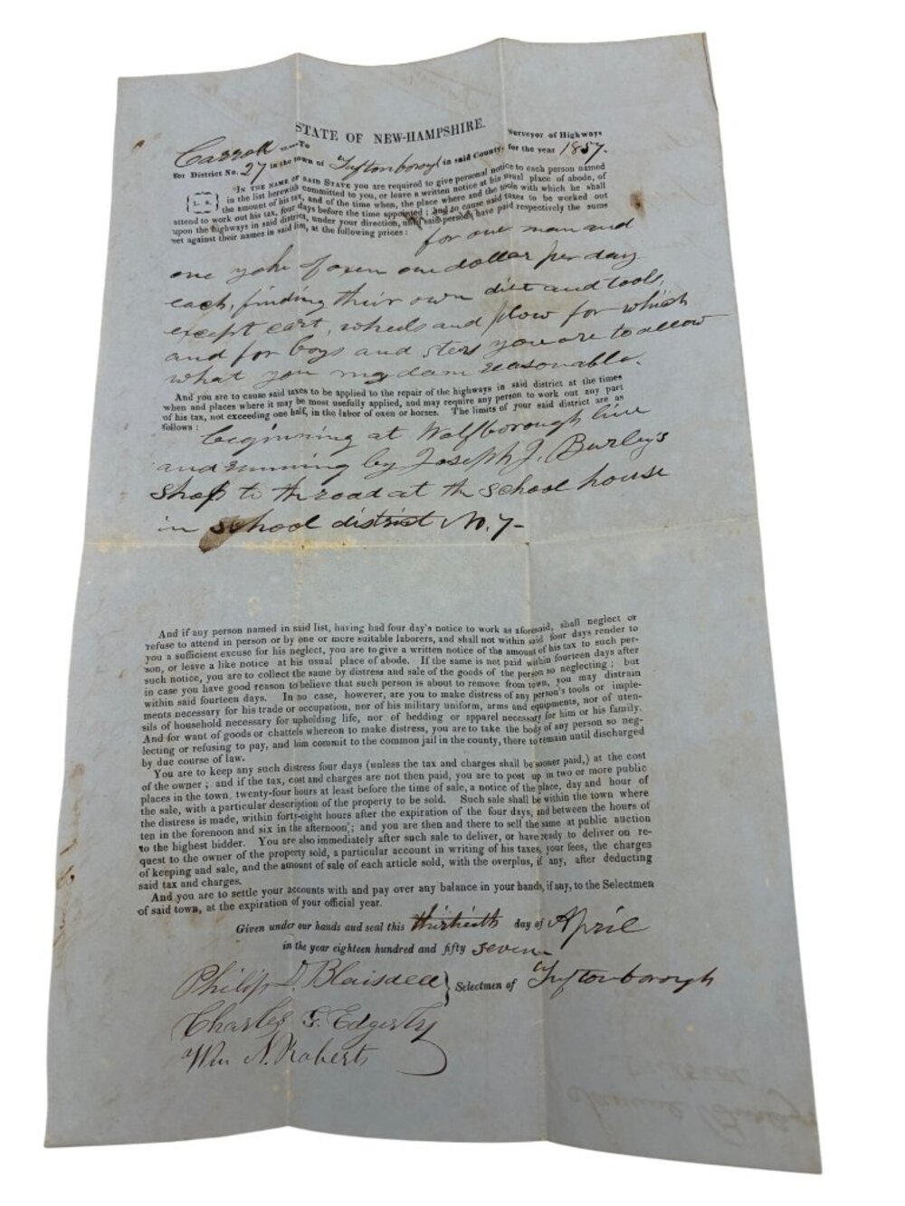 1857 New Hampshire Highway Tax Document Tuftonborough NH Road Work Ledger